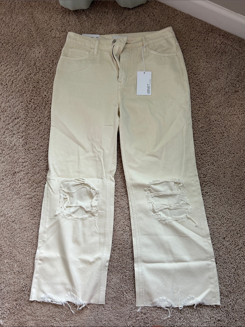 VERVET BY FLYING MONKEY Cream Distressed Boyfriend Jeans